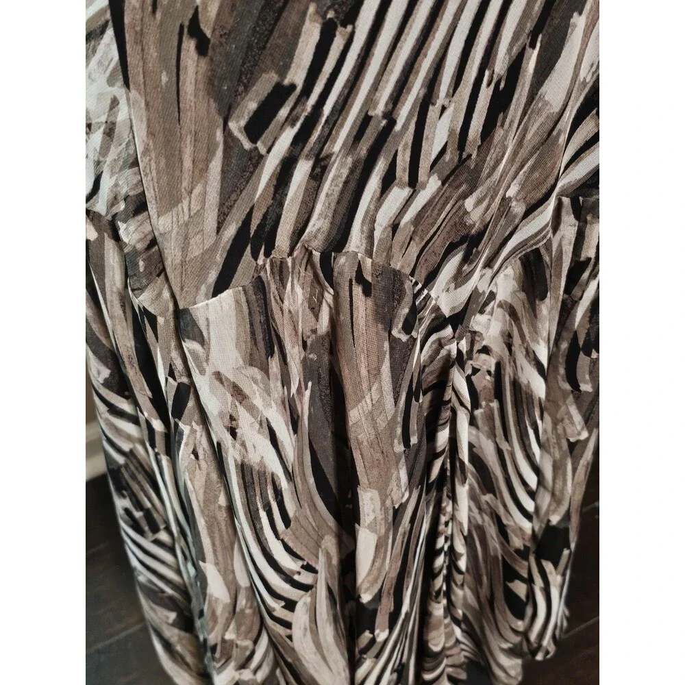 Susan Graver Printed Midi Skirt SZ Brown Black Abstract Asymmetrical Hem Lined